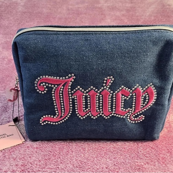 Juicy Couture Denim Blue Cosmetic Bag with Pink Accents - Picture 3 of 6